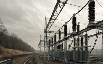 Ein Umspannwerk mit Transformatoren neben einer Bahnstrecke