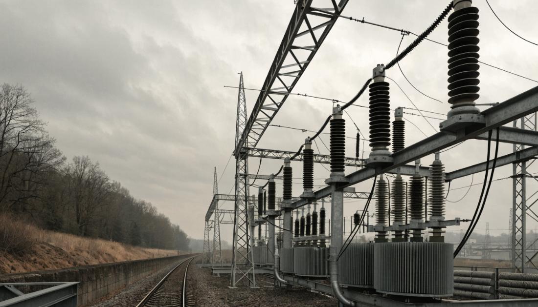Ein Umspannwerk mit Transformatoren und Isolatoren neben einer Bahnstrecke