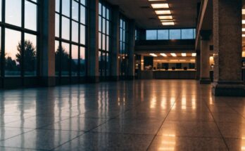 Eine ruhige Bahnhofshalle in der Abenddämmerung