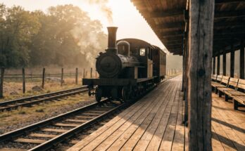 Eine kleine historische Dampflokomotive an einem hölzernen Bahnsteig