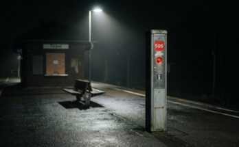 Graue Notrufsäule mit rotem SOS-Knopf am Ende eines leeren, nächtlichen Bahnsteigs unter einer einzelnen Leuchte