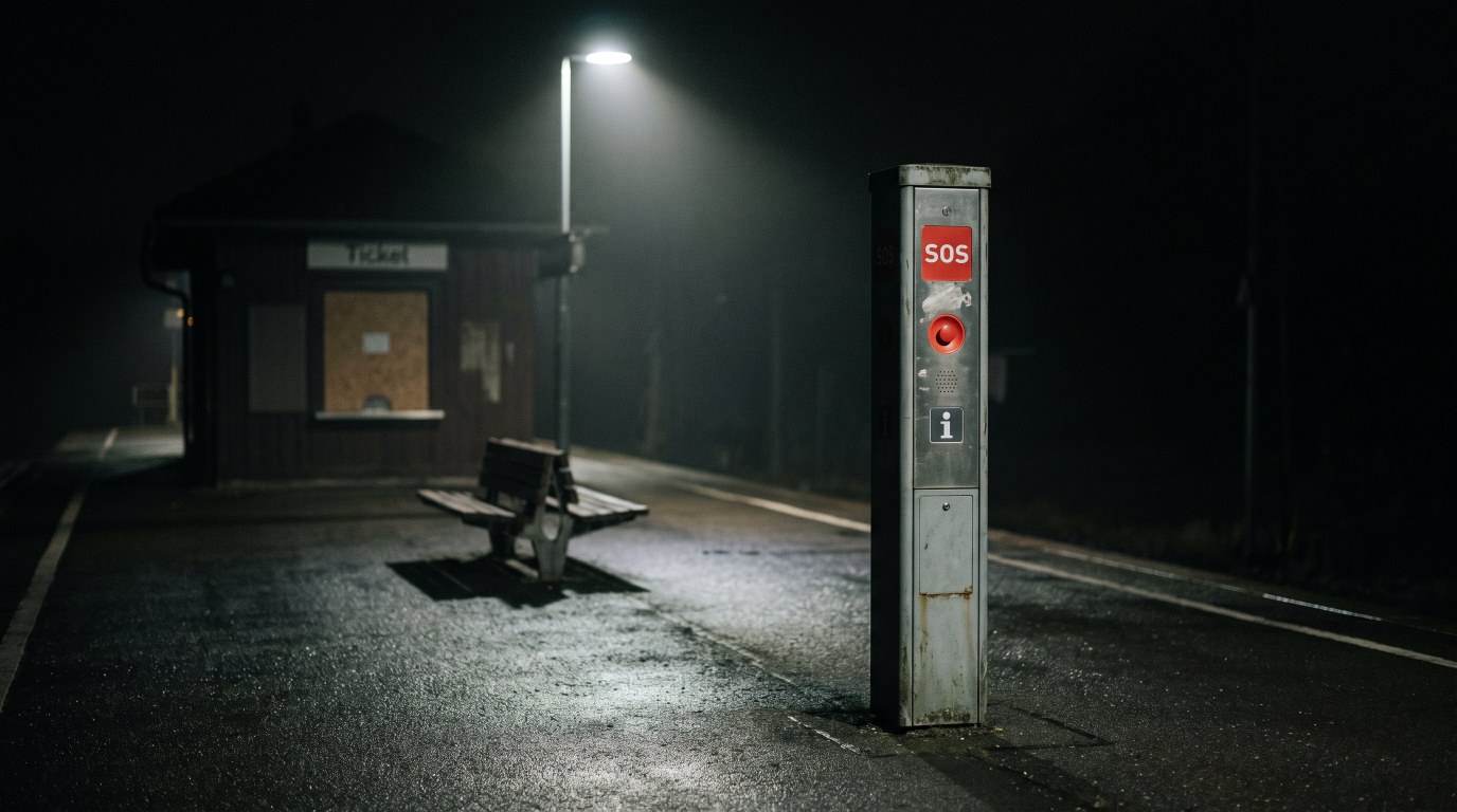Graue Notrufsäule mit rotem SOS-Knopf am Ende eines leeren, nächtlichen Bahnsteigs unter einer einzelnen Leuchte