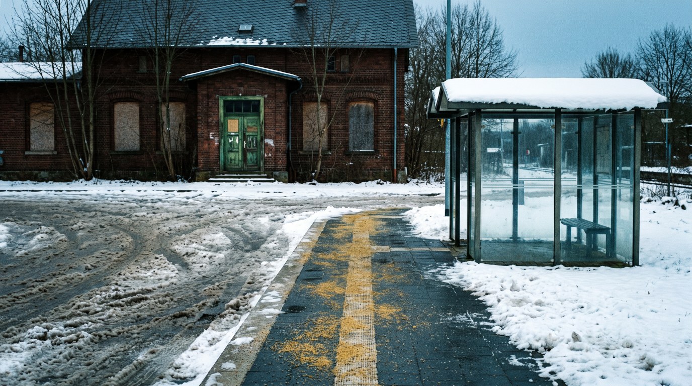 Bahnhofsvorplatz im Winter: Der geräumte Streifen vor dem Empfangsgebäude endet an einer geraden Kante, dahinter liegt ungeräumter Schneematsch