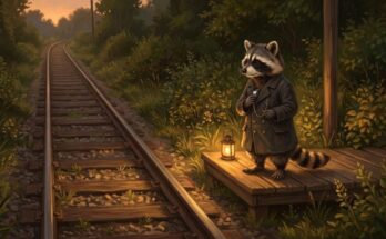 Waschbär steht abends allein an einem kleinen Haltepunkt einer Nebenbahn – Bild zum manifest bühne