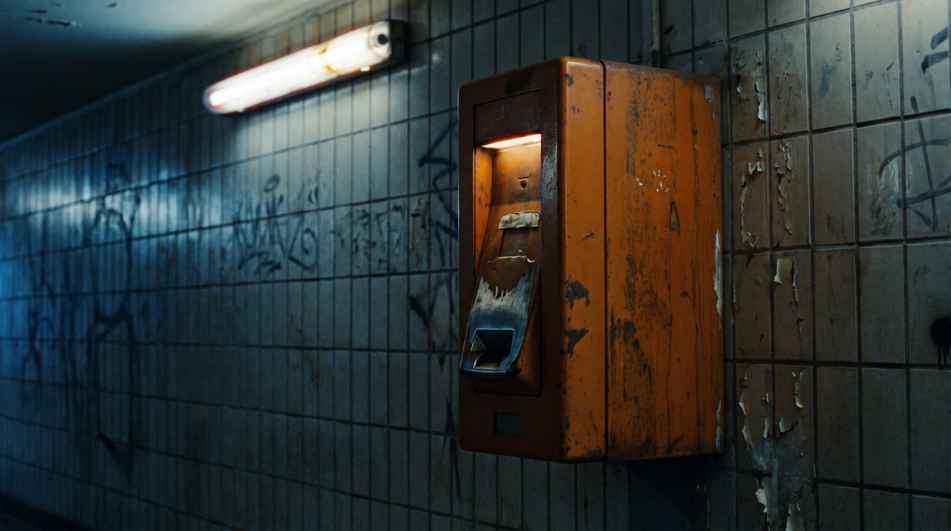 Ein alter orangefarbener Entwerter an einer gefliesten Wand in einer Bahnhofsunterführung