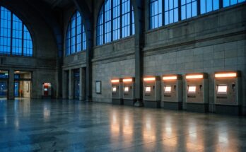 Eine Reihe beleuchteter Fahrkartenautomaten in einer leeren Bahnhofshalle zur blauen Stunde