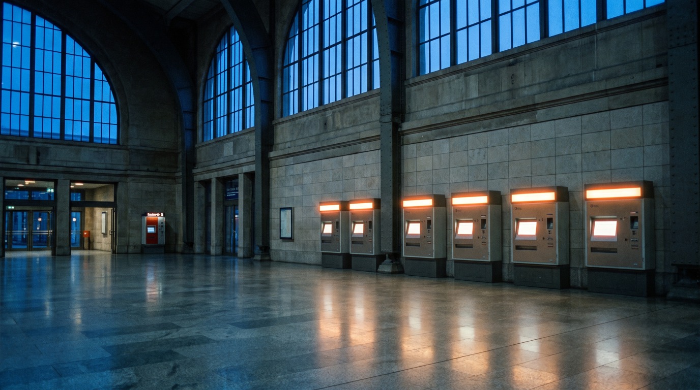Eine Reihe beleuchteter Fahrkartenautomaten in einer leeren Bahnhofshalle zur blauen Stunde