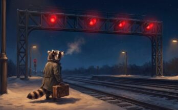 Nicht auf die Bühne: der Waschbär steht nachts mit Koffer auf dem Bahnsteig unter einer Signalbrücke, alle fünf Lichter stehen auf Rot
