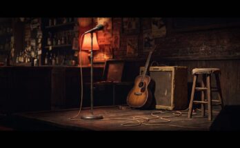 Vor dem Open Mic: eine kleine Bühne mit Mikrofonständer und Verstärker