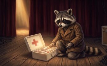 Poetry Slam keine Therapie: der Waschbär kniet backstage neben einem offenen, warm leuchtenden Verbandskasten