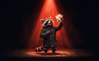 Poetry Slam Klischees in Reinform: der Waschbär steht theatralisch auf der Bühne und zerknüllt ein Blatt Papier