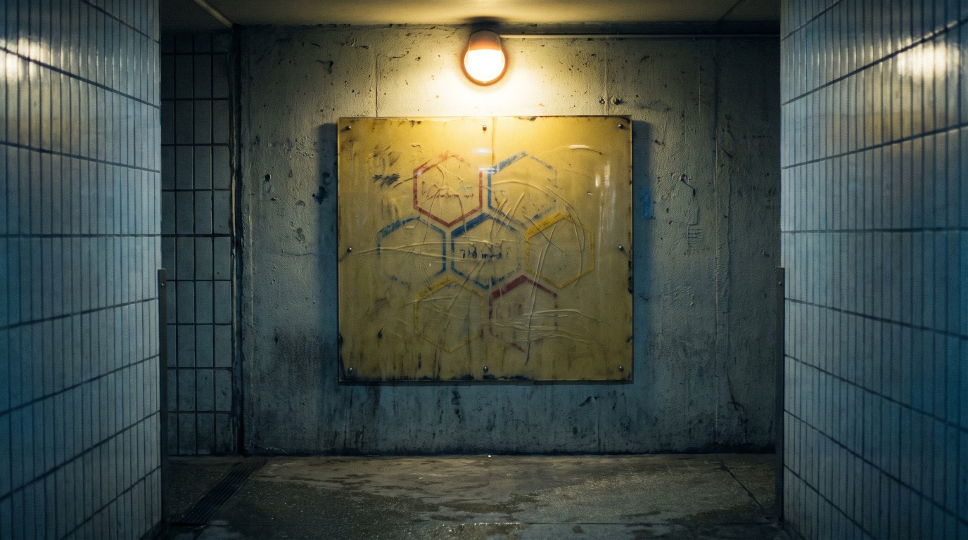 Eine zerkratzte Kunststofftafel mit ineinandergreifenden Sechsecken an einer Bahnhofswand unter einer Lampe