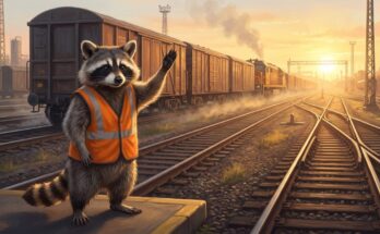 Waschbär in orangefarbener Warnweste hebt am Rangierbahnhof die Pfote zum Handzeichen – so kannst du dein Publikum gewinnen