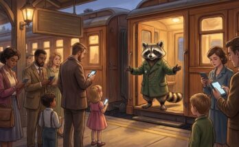 Publikum reagiert nicht: der Waschbär steht mit offenen Armen in der Tür eines Zugwaggons, auf dem Bahnsteig wartet eine Menschenmenge, aber niemand steigt ein