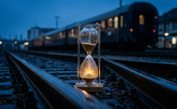 Eine große Sanduhr steht aufrecht zwischen zwei Schienen, der Sand ist fast durchgelaufen, im Hintergrund ein wartender Zug