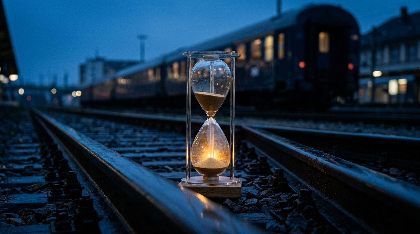 Eine große Sanduhr steht aufrecht zwischen zwei Schienen, der Sand ist fast durchgelaufen, im Hintergrund ein wartender Zug