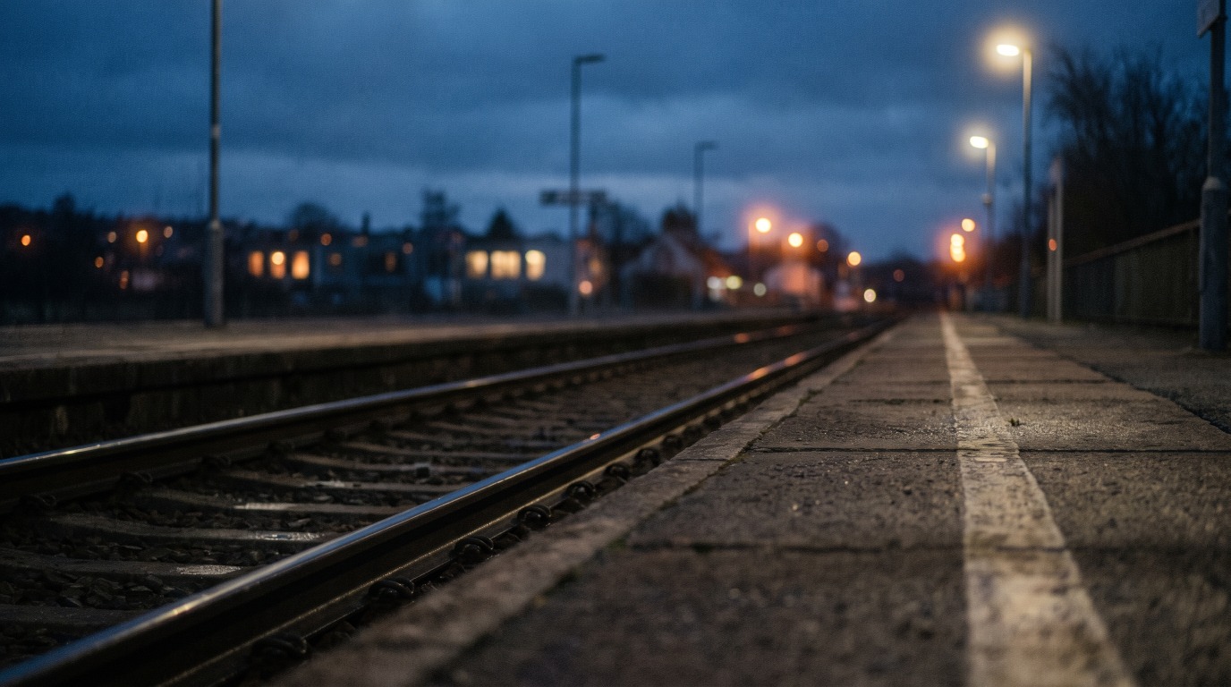 Ein leerer Bahnsteigplatz in der Dämmerung, wo ein Zug stehen müsste, die Schienen glänzen