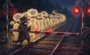 Reime weglassen: der Waschbär wartet nachts an einer rot-weißen Bahnschranke, hinter der sich seine Gedanken wie Fahrgäste stauen