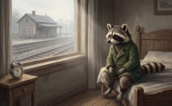 Waschbär sitzt früh am Morgen auf der Bettkante, draußen Gleise im Dämmerlicht – der Anfang der Rituale vor dem Auftritt