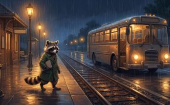 Waschbär geht bei Regen über einen leeren Bahnsteig zum wartenden Ersatzbus — Sinnbild fürs schnell Text schreiben