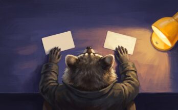 Schreibprompts zusammenbringen: der Waschbär schiebt zwei weit auseinanderliegende Karten aufeinander