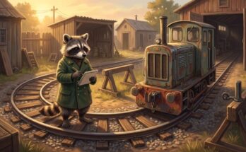 Schreibübungen Slam: der Waschbär steht mit einem Notizbuch auf einem kurzen Übungsgleis in einem Bahnbetriebswerk, daneben eine kleine Rangierlok