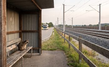 Waschbär sitzt an einer Bushaltestelle neben einem leeren Bahngleis