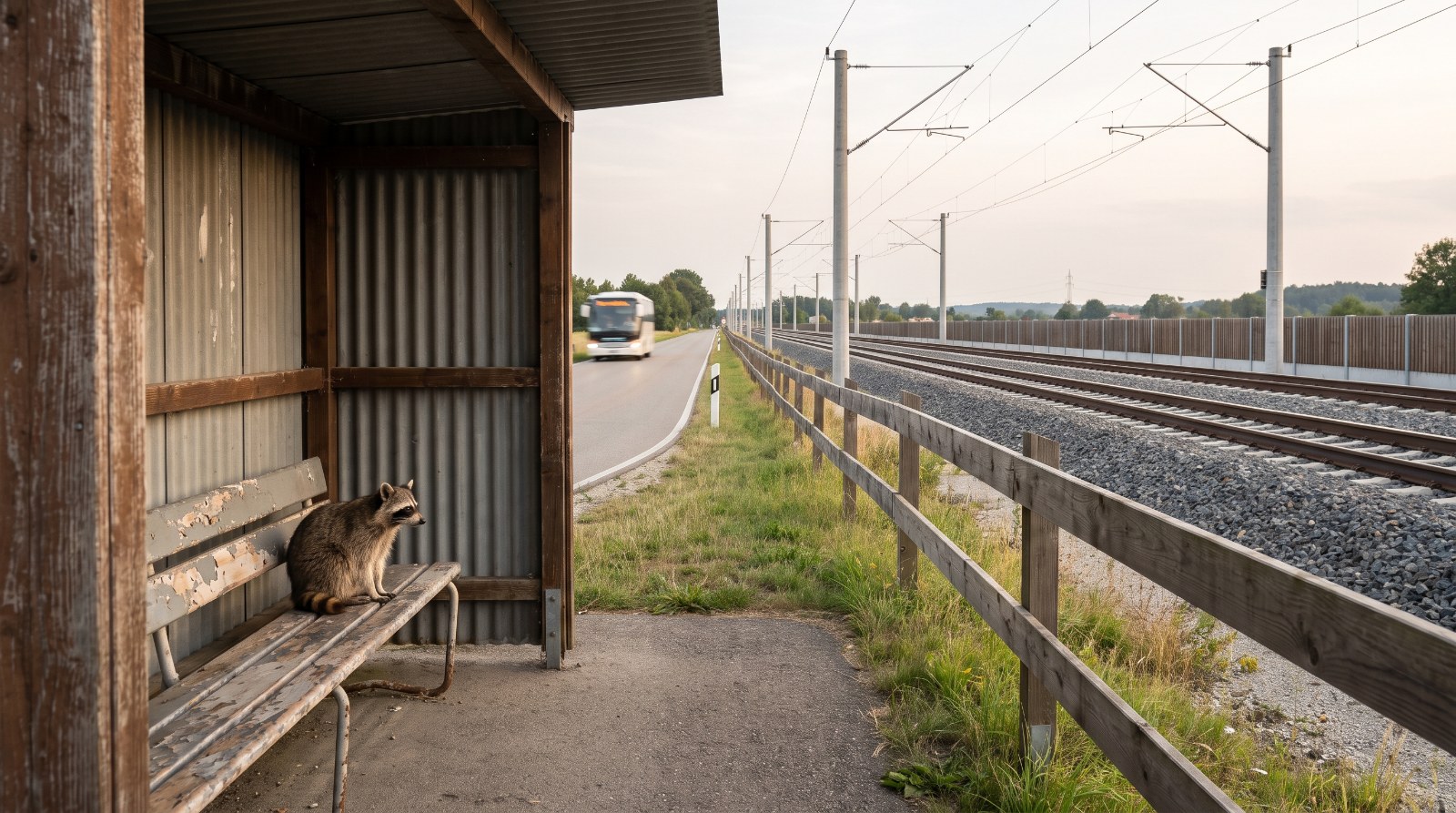 Waschbär sitzt an einer Bushaltestelle neben einem leeren Bahngleis