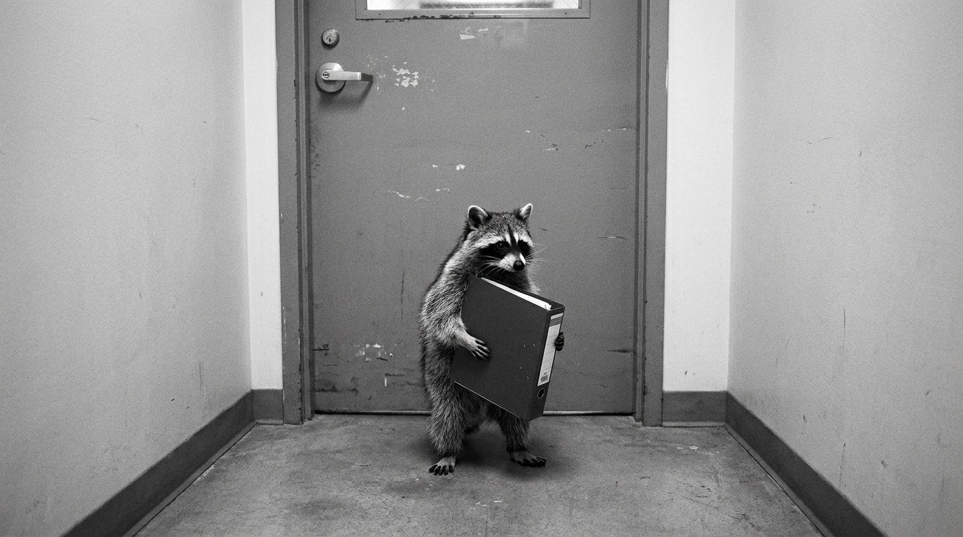 Abo Satire: Waschbär steht mit einem Aktenordner vor einer geschlossenen Bürotür