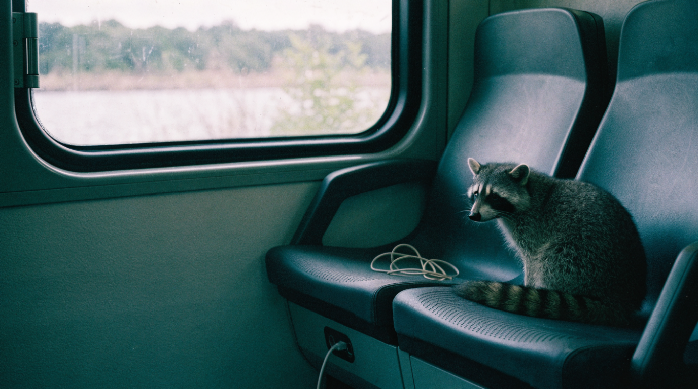 Ticket Wallet Akku Satire: Waschbär sitzt auf einem Zugsitz neben einem lose herumliegenden Ladekabel