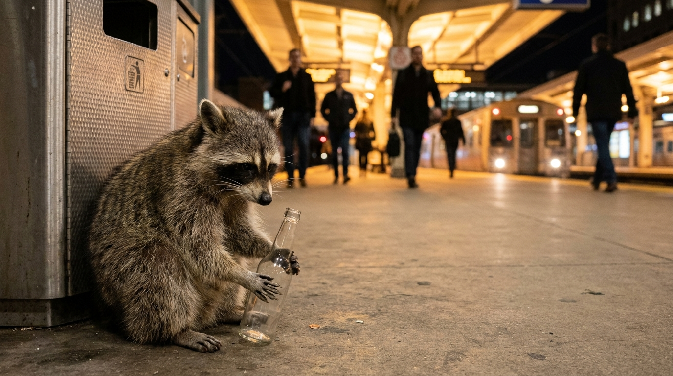 Alkoholverbot Bahnhof Satire: Waschbär sitzt neben einem Mülleimer und hält eine leere Flasche in den Pfoten