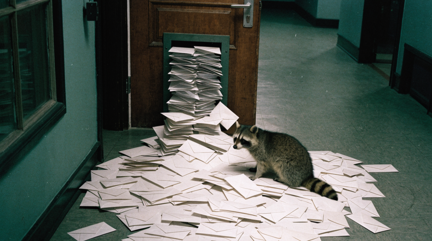 Anfragebearbeitung Vorgangsnummer Satire: Waschbär sitzt in einem Haufen ungeöffneter Briefe unter einem überquellenden Briefschlitz