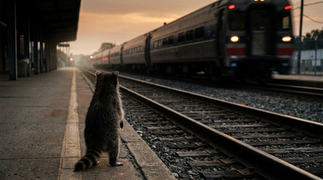 Anschlusszug verpasst Satire: Waschbär steht am Bahnsteig und schaut einem abfahrenden Zug hinterher