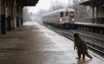 Waschbär steht auf einem Bahnsteig und sieht einem abfahrenden Zug hinterher