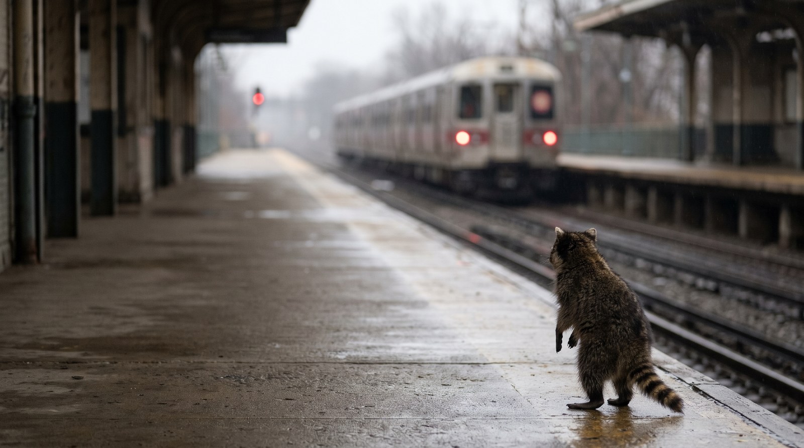 Waschbär steht auf einem Bahnsteig und sieht einem abfahrenden Zug hinterher
