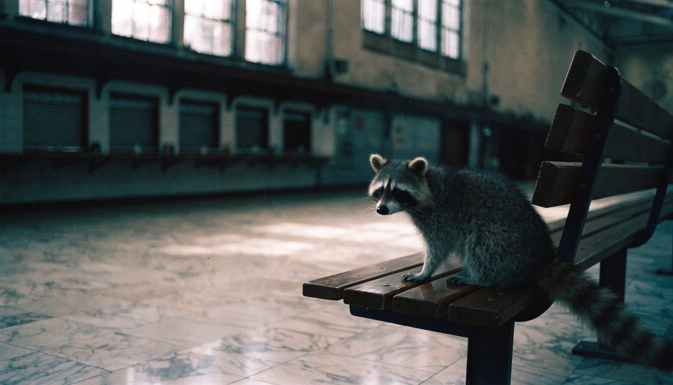 Anteilserwerb Bund Satire: Waschbär sitzt auf einer Bank vor einem großen leeren Schalterraum