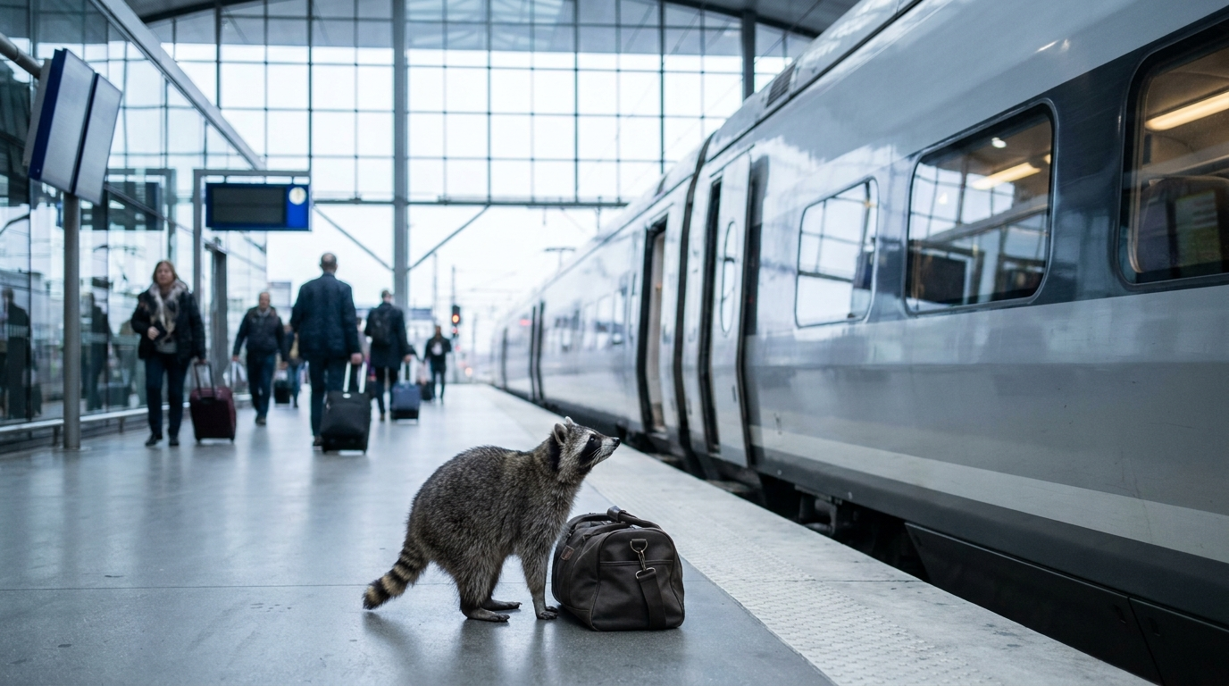 ICE Antwerpen Satire: Waschbär steht mit Reisetasche vor einem modernen Hochgeschwindigkeitszug in einer Glashalle