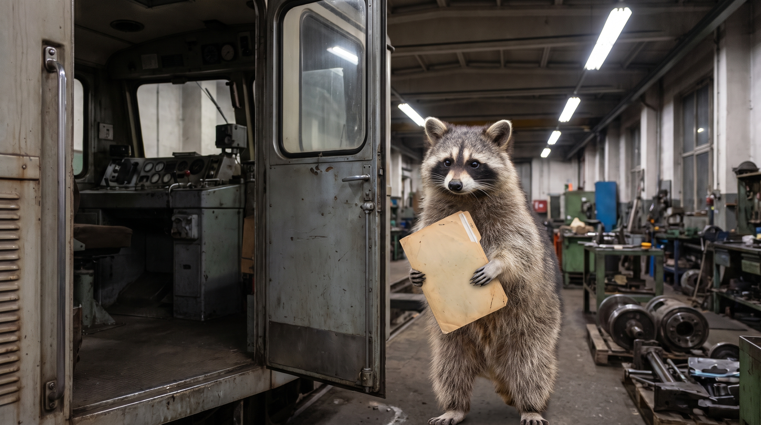 Anerkennung Satire: Waschbär steht mit einem Aktenordner vor einem Führerstand