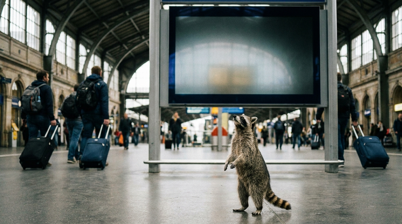 Anzeigetafel Satire: Waschbär steht in einer Bahnhofshalle und blickt zu einer großen Anzeigetafel hinauf
