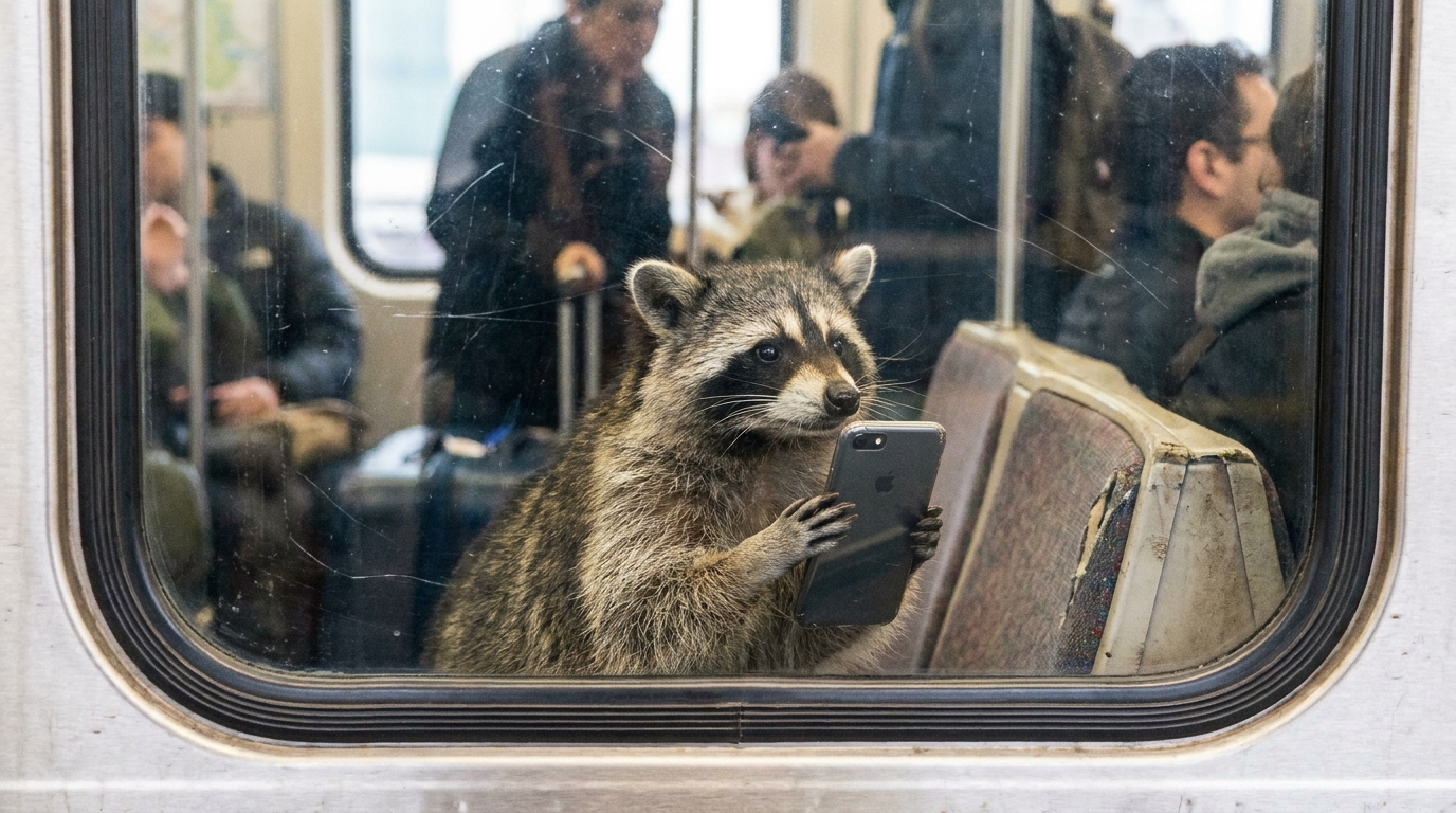 App-Ticket Satire: Waschbär sitzt auf einem Zugsitz und hält ein Smartphone hoch zum Fenster