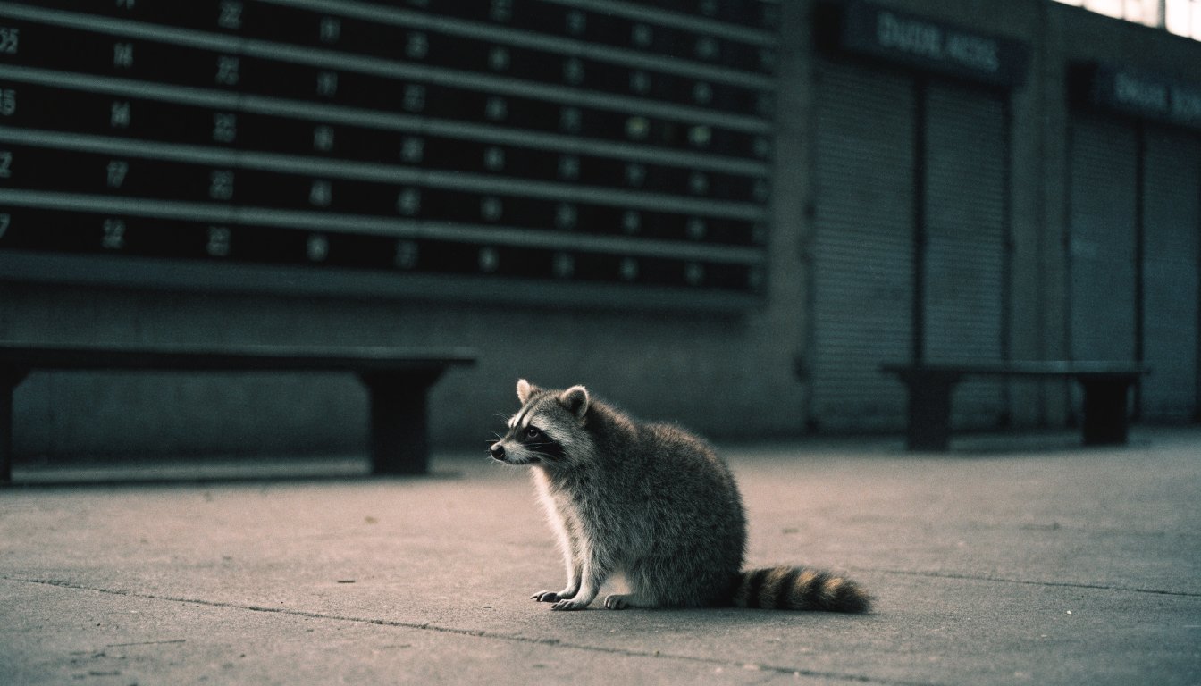 Qualitätsaufsicht Satire: Waschbär sitzt vor einer Anzeigetafel mit leeren Zeilen in einer Bahnhofshalle