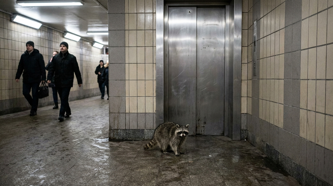 Aufzug Satire: Waschbär steht vor einer geschlossenen Aufzugtür in einer Bahnhofsunterführung