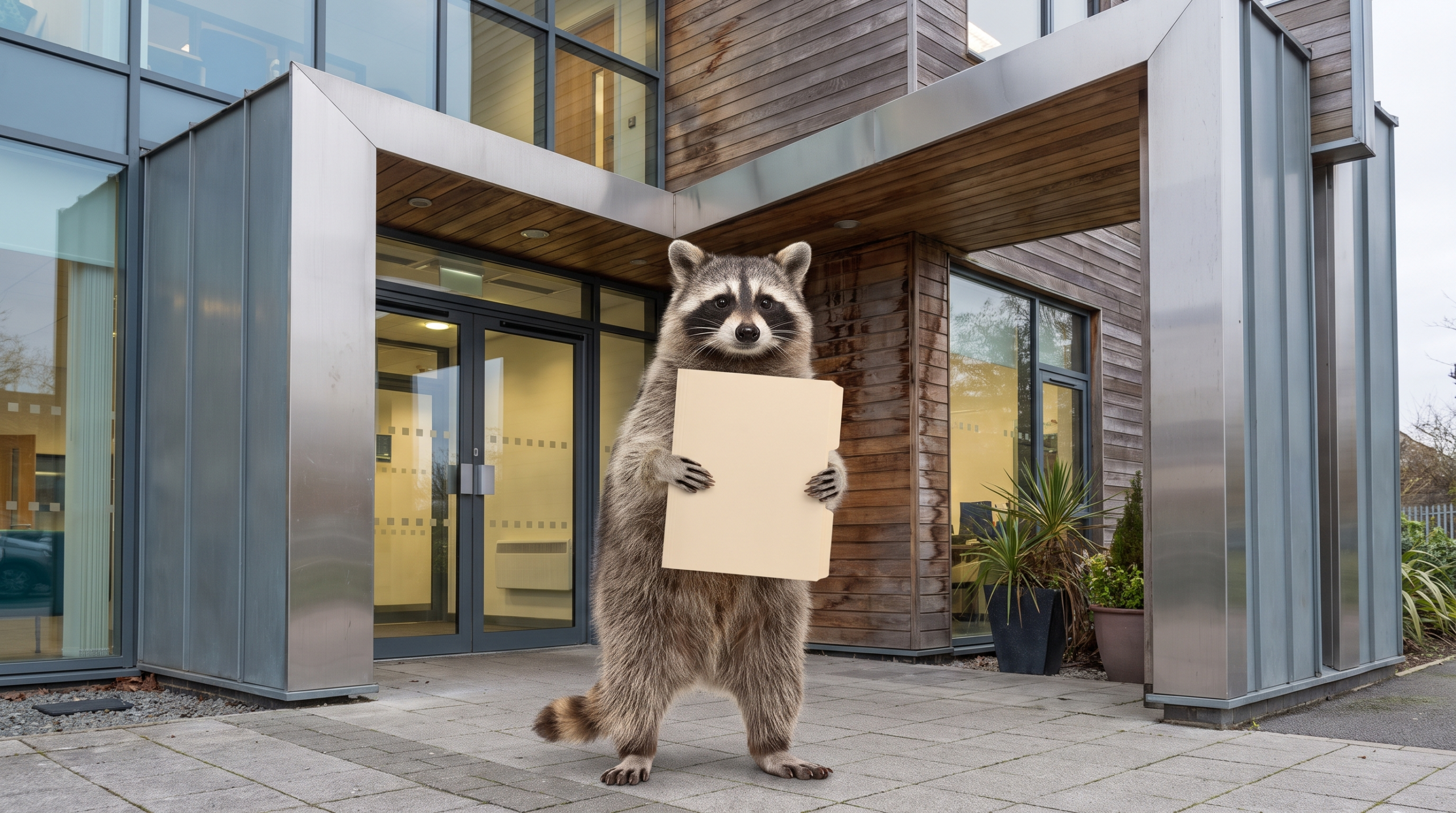 Ausbildung Satire: Waschbär steht mit einer Bewerbungsmappe vor einem Ausbildungszentrum