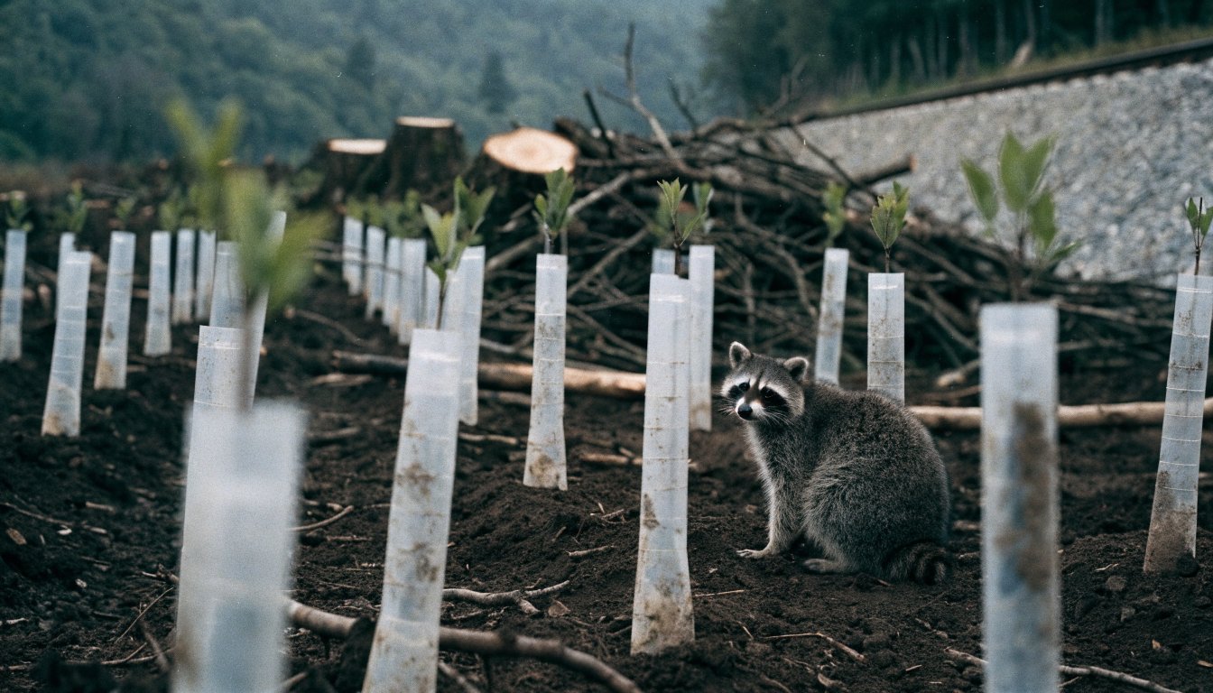 Ausgleichspflanzung Satire: Waschbär sitzt zwischen Reihen frisch gepflanzter Jungbäume in Wuchshüllen vor frischen Baumstümpfen