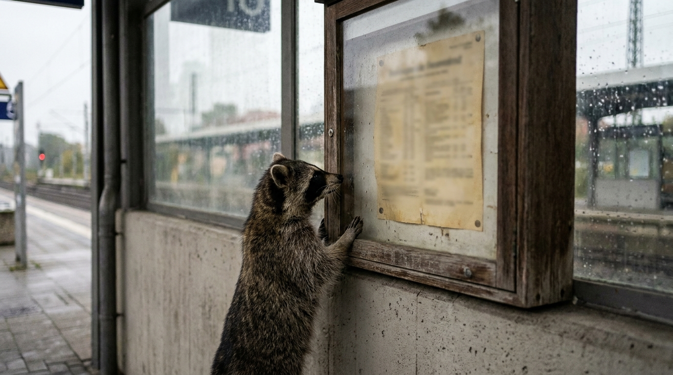 Aushangfahrplan Satire: Waschbär steht vor einer Vitrine mit einem vergilbten Fahrplan am Bahnsteig