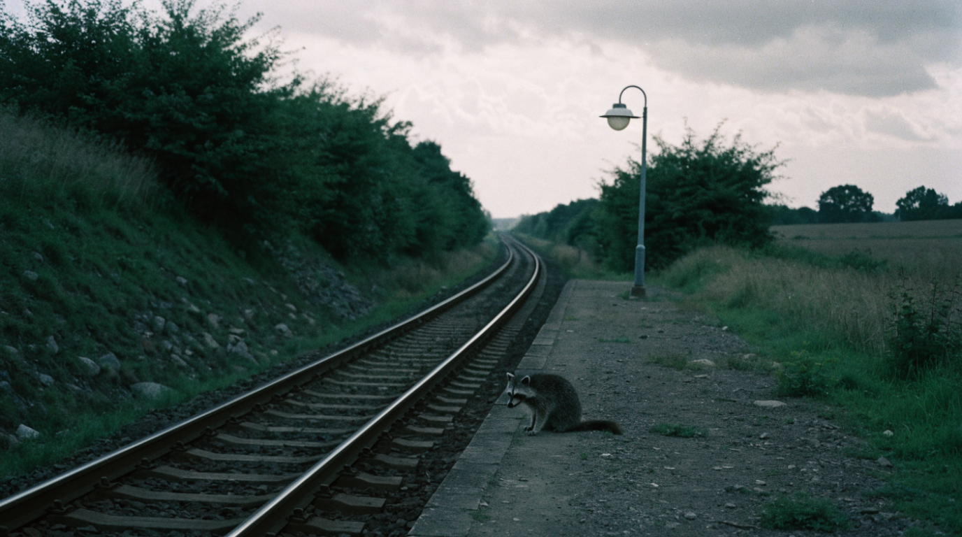 Ausnahmegenehmigung Bahnsteighöhe Satire: Waschbär sitzt an der Kante eines sehr niedrigen Bahnsteigs über einer großen Stufe
