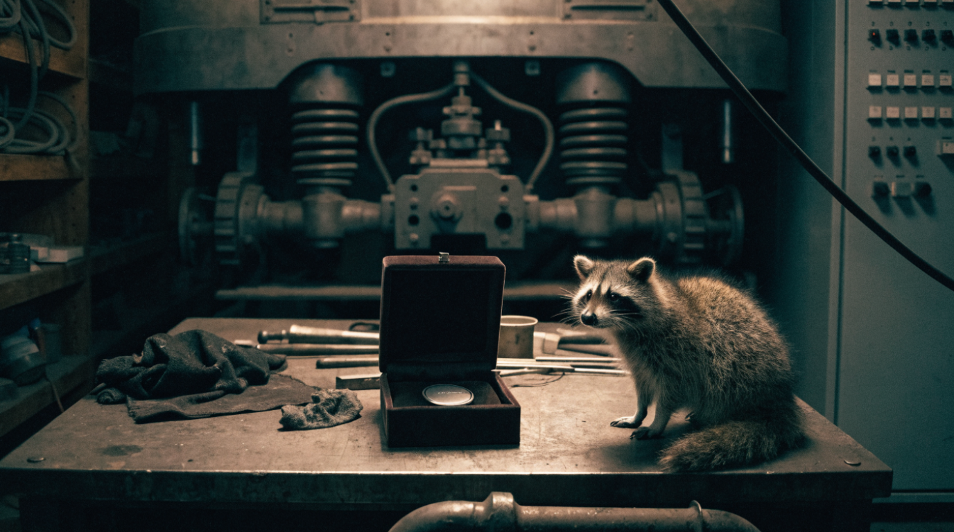 Ehrennadel Doppelschichten Satire: Waschbär sitzt auf einer Werkbank neben einem geöffneten Etui mit einer schlichten Anstecknadel