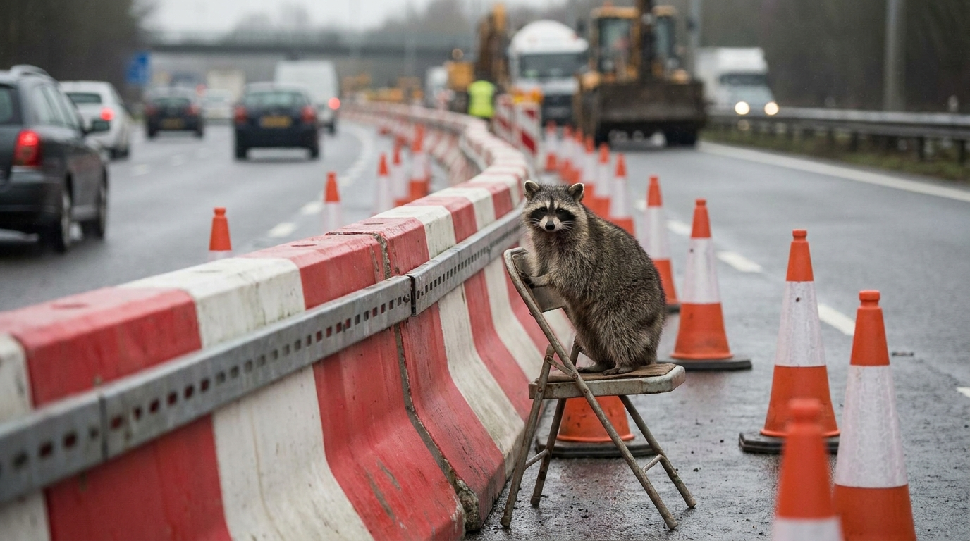 Autobahn Baustelle Satire: Waschbär sitzt auf einem Klappstuhl vor einer rot-weißen Autobahn-Absperrung