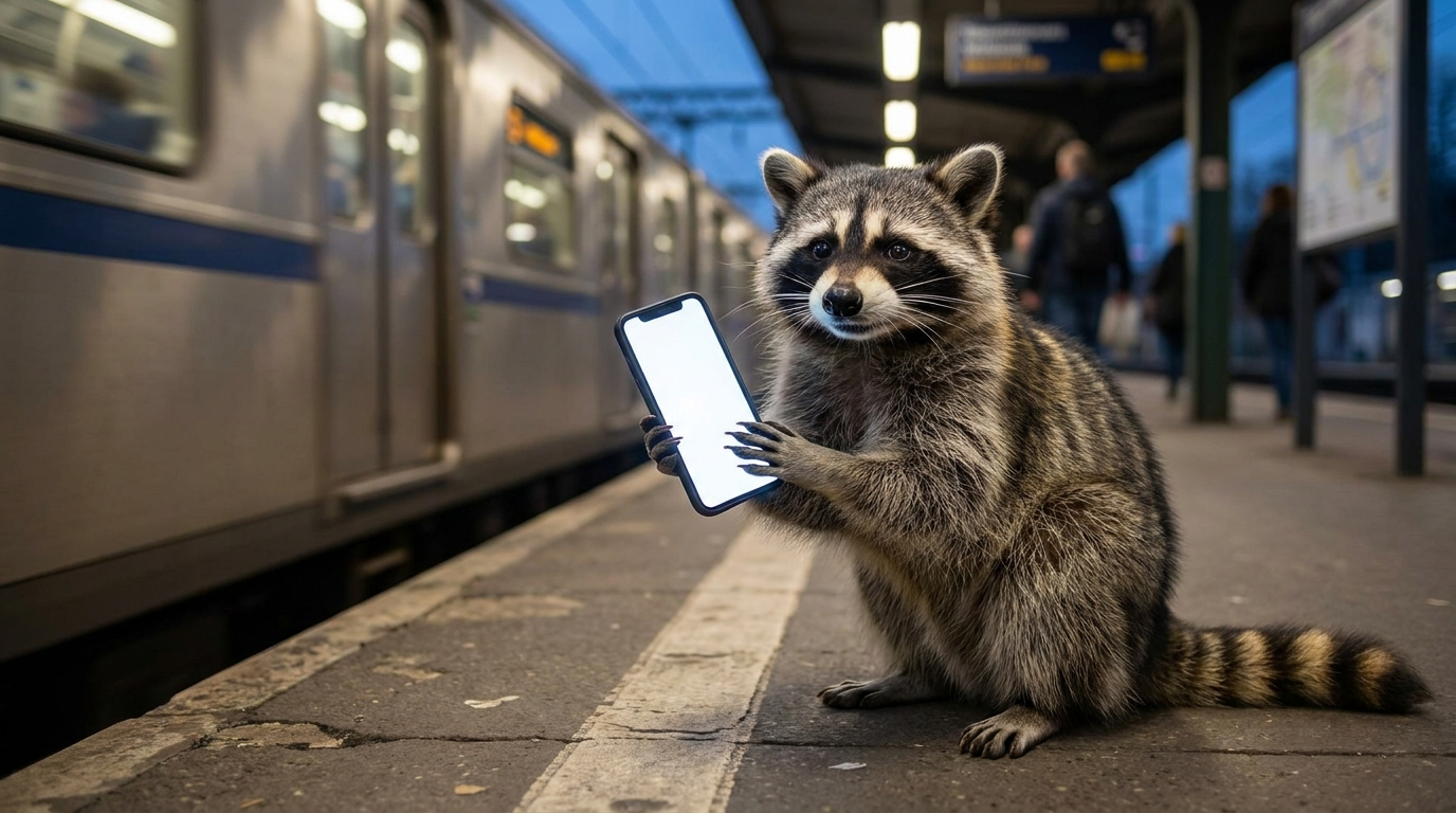Bahn App Satire: Waschbär hält am Bahnsteig ein Smartphone in den Pfoten und schaut ratlos auf den leeren Bildschirm