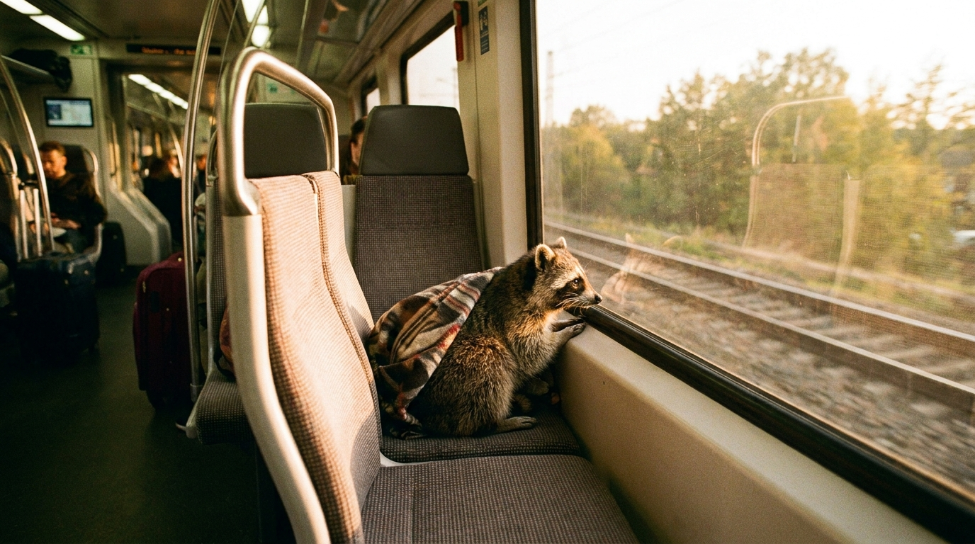 BahnCard Satire: Waschbär sitzt mit einer kleinen Decke auf einem Zugsitz am Fenster